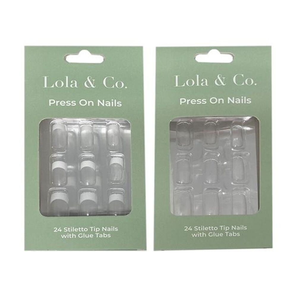 12x 24pc Lola & Co Plain Stiletto Tip Press-On Nails W/ Glue Tabs Clear/White