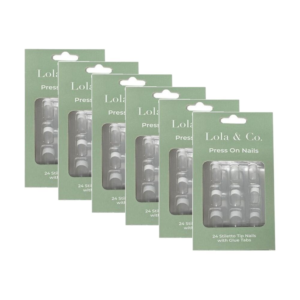 6x 24pc Lola & Co Plain Stiletto Tip Press-On Nails W/ Glue Tabs Clear/White
