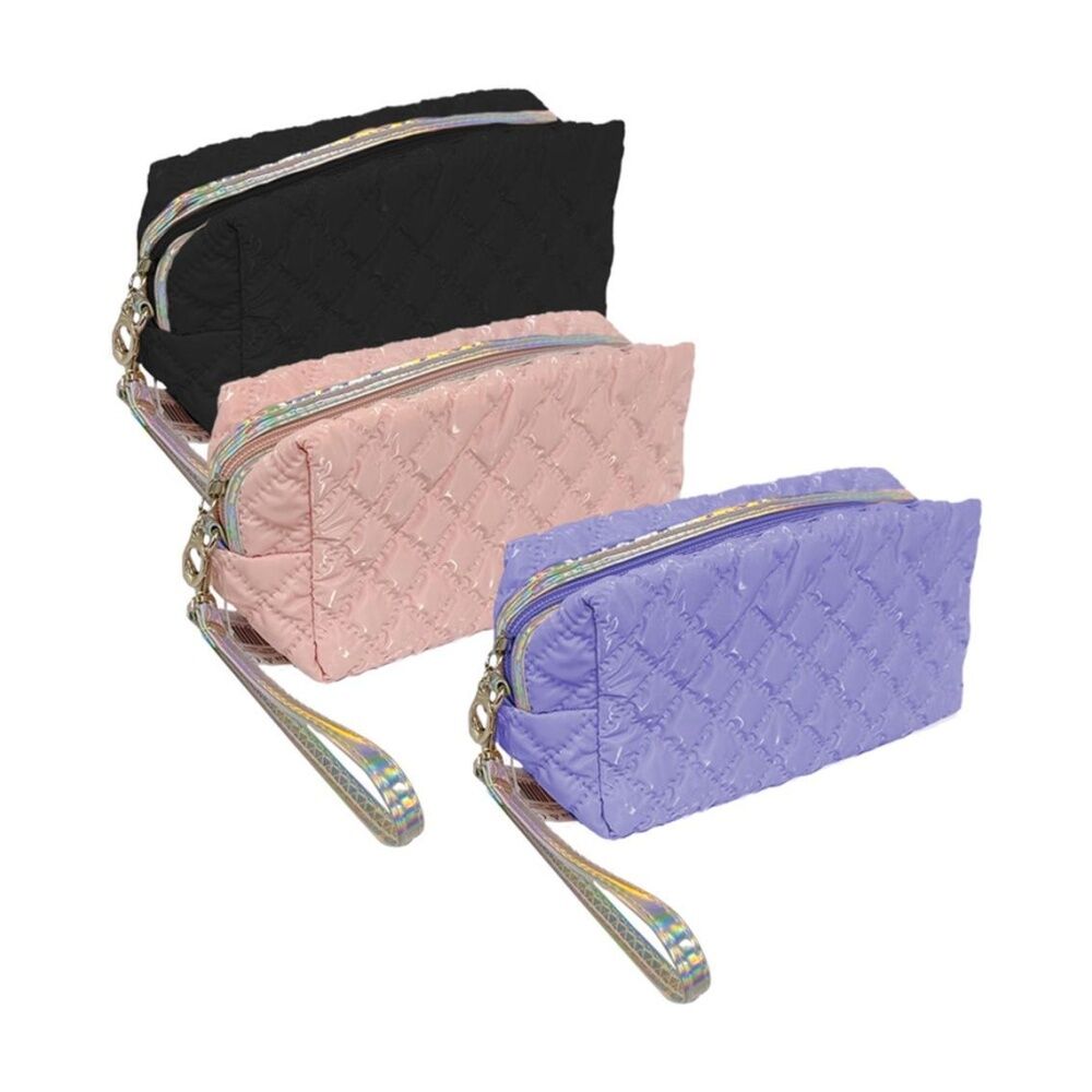 4PK Braz Quilted Cosmetic Make Up Bag W/ Wrist Strap & Zip 18x10x8cm Assorted