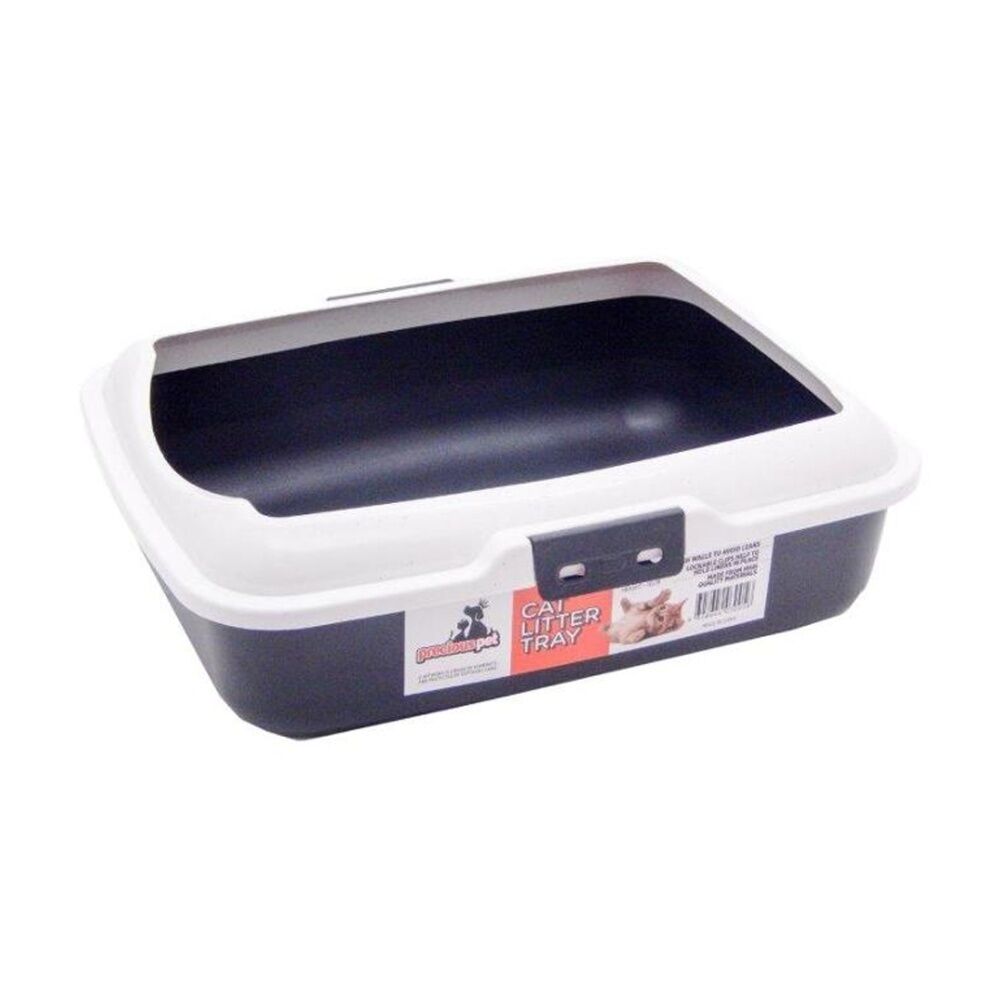 2PK Braz Plastic Rectangular Cat Litter Box W/ Rim & Small Entrance White/Black
