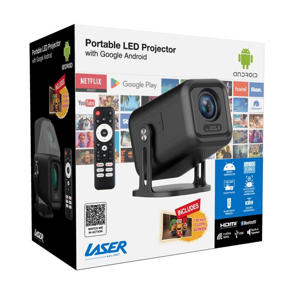 Laser 1080p Smart Android Auto Focus Full HD Portable Projector 120 Inch Black
