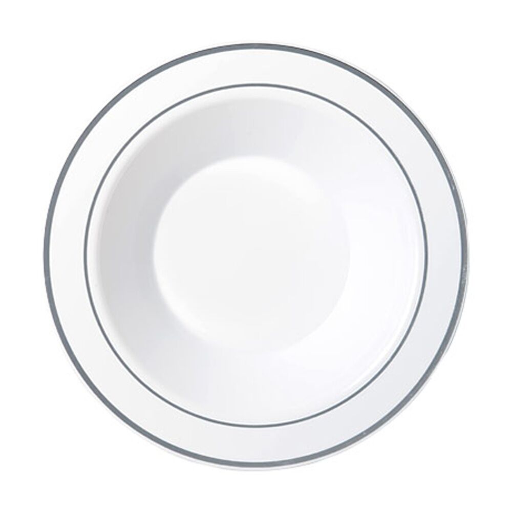 12x 10pc Partyware Reusable Heavy Duty Bowl Set W/ Silver Rim 190mm White