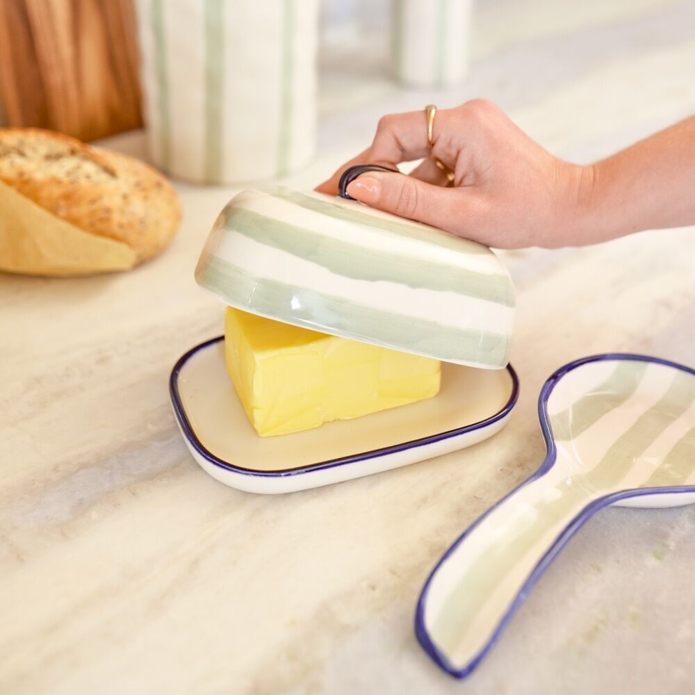 Porto Sable Kitchen Spoon/Utensil Rest White & Sage Green Stripe 22.5x11cm