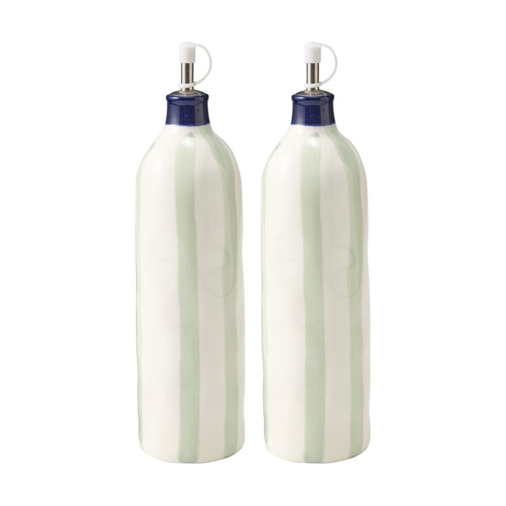 2PK Porto Sable Kitchen Oil Bottle White & Sage Green Stripe 850ml