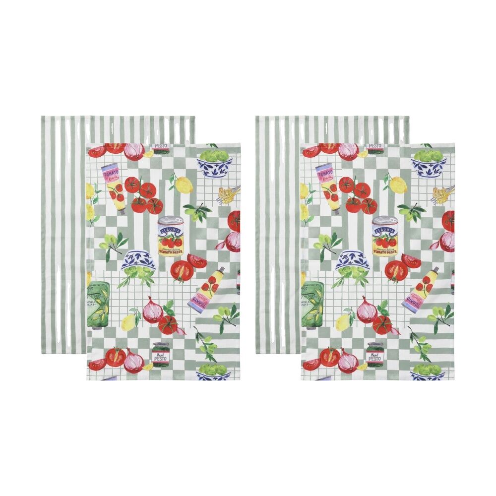 2x 2pc Porto Italian Inspired Valentina Kitchen Tea Towels Sage Green 45x70cm