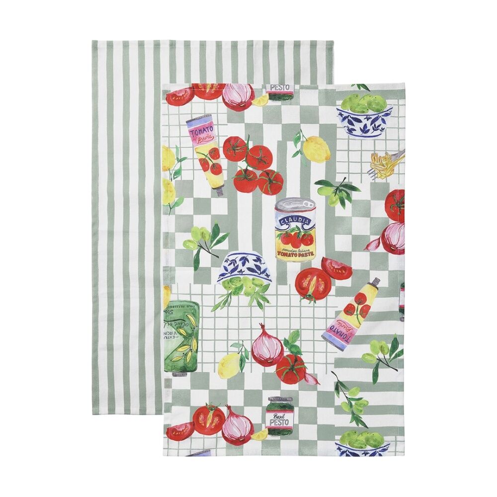 2x 2pc Porto Italian Inspired Valentina Kitchen Tea Towels Sage Green 45x70cm
