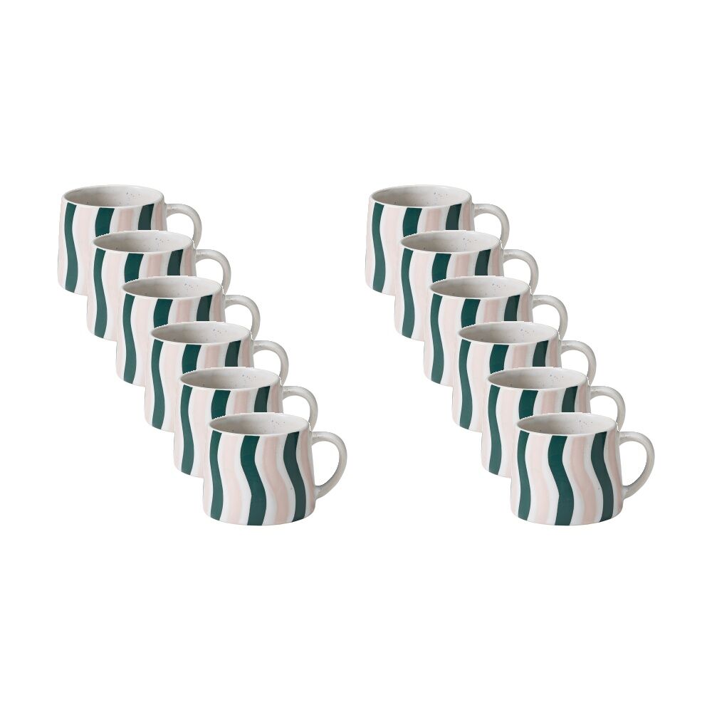 12PK Porto Carnevale Stoneware Coffee Mug Green/Pink Wave Stripe 320ml