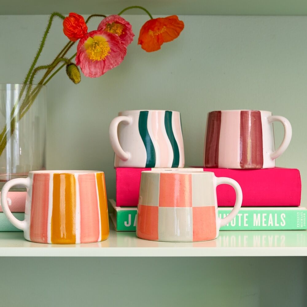 12PK Porto Carnevale Stoneware Coffee Mug Green/Pink Wave Stripe 320ml