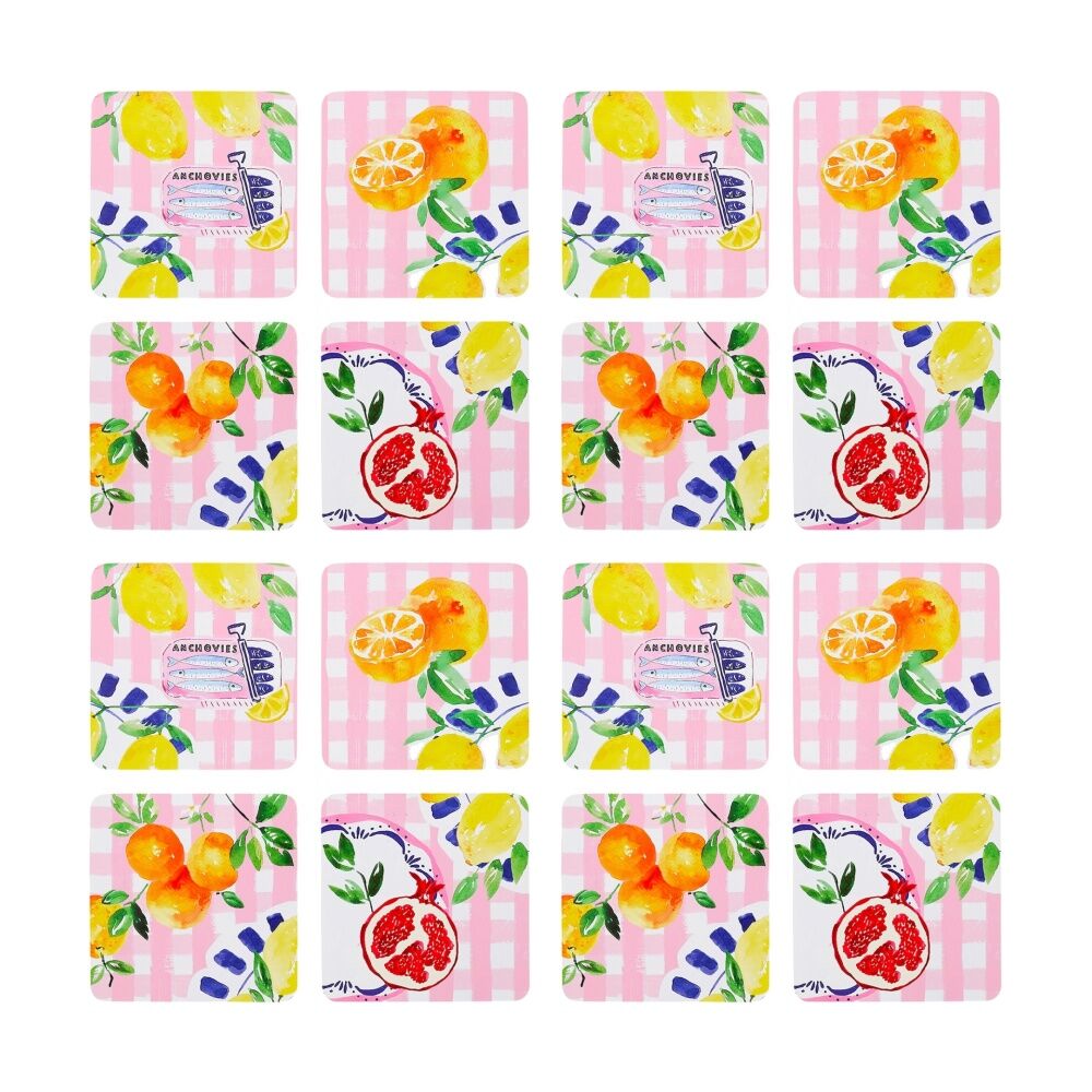 4x 4pc Porto Positano Inspired/Pink Check W/ Lemons Coasters 10cm
