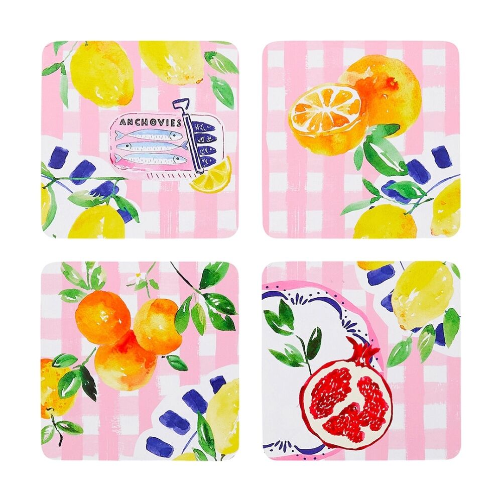 4x 4pc Porto Positano Inspired/Pink Check W/ Lemons Coasters 10cm