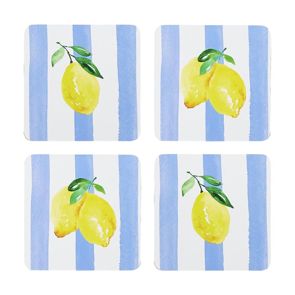 4x 4pc Porto Limone Lemon W/ White & Blue Stripe Coasters 10cm