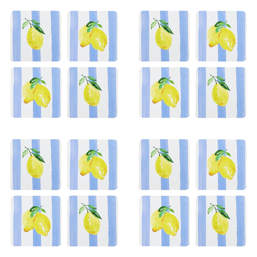 4x 4pc Porto Limone Lemon W/ White & Blue Stripe Coasters 10cm