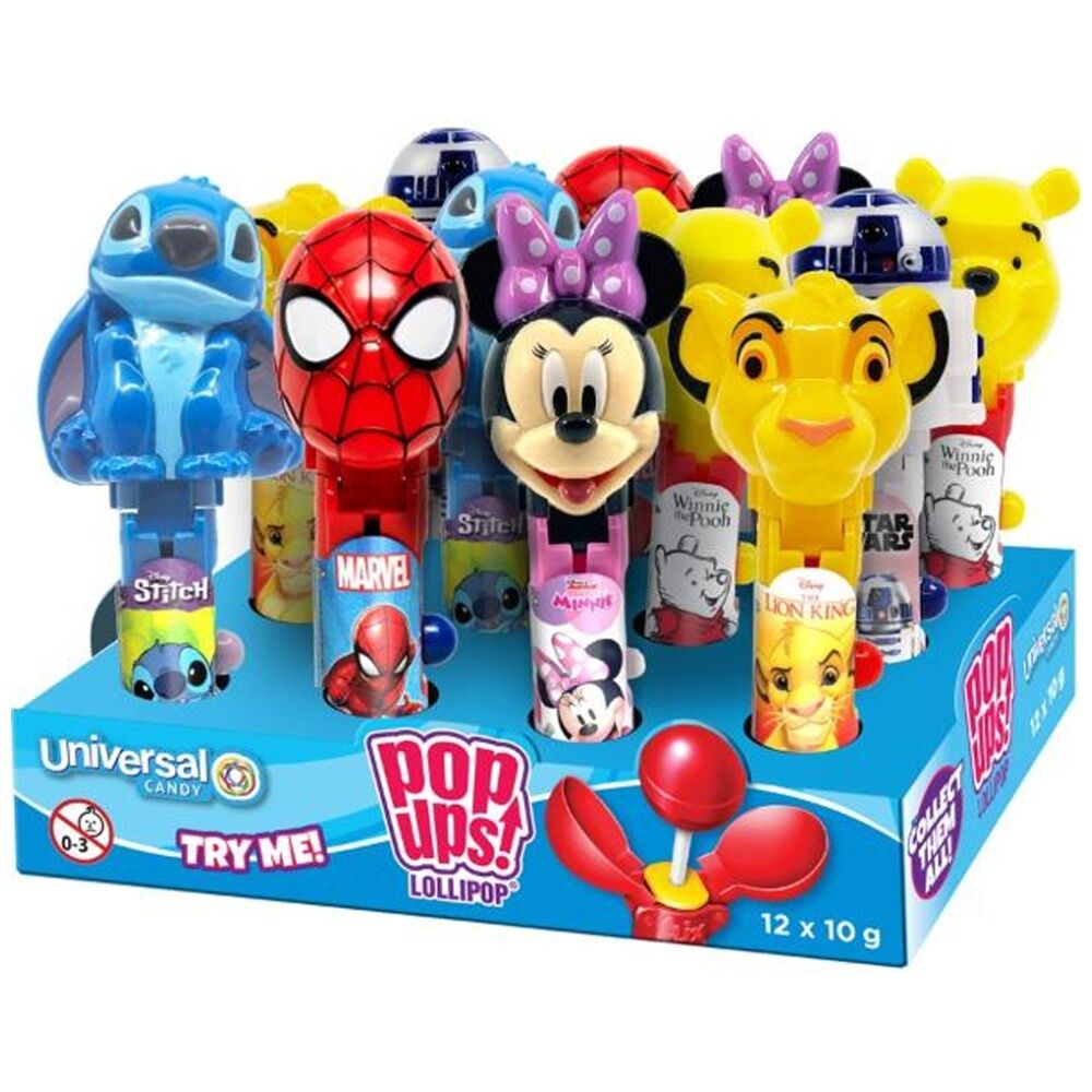 12PK Universal Candy Disney Character Pop Ups Lollipops 10g Assorted