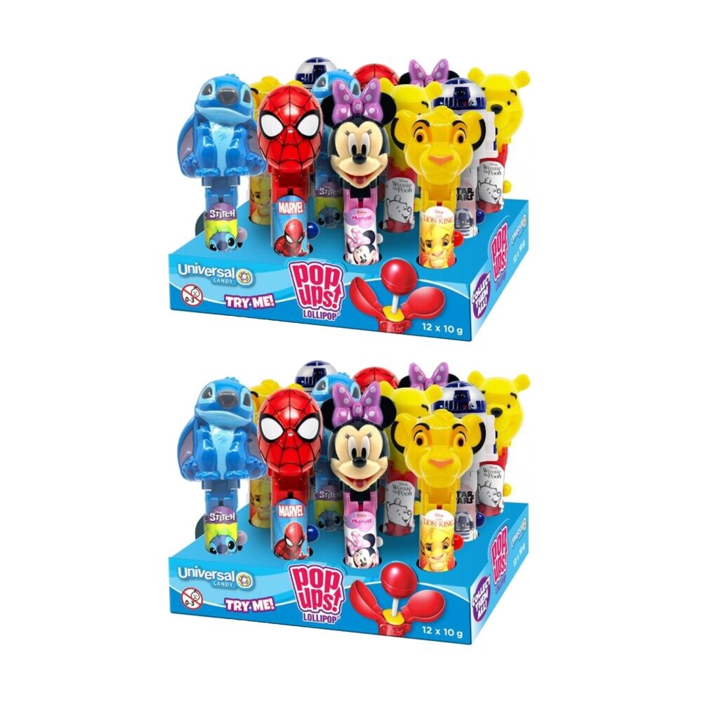 24PK Universal Candy Disney Character Pop Ups Lollipops 10g Assorted