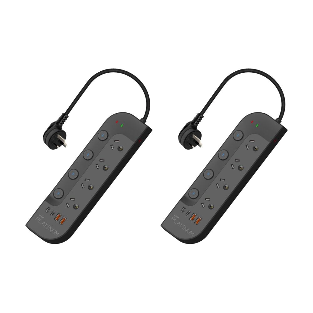 2PK Crest Platinum 4 Socket Surge Protector AU/NZ Plug USB Power Board Blk 1.8m