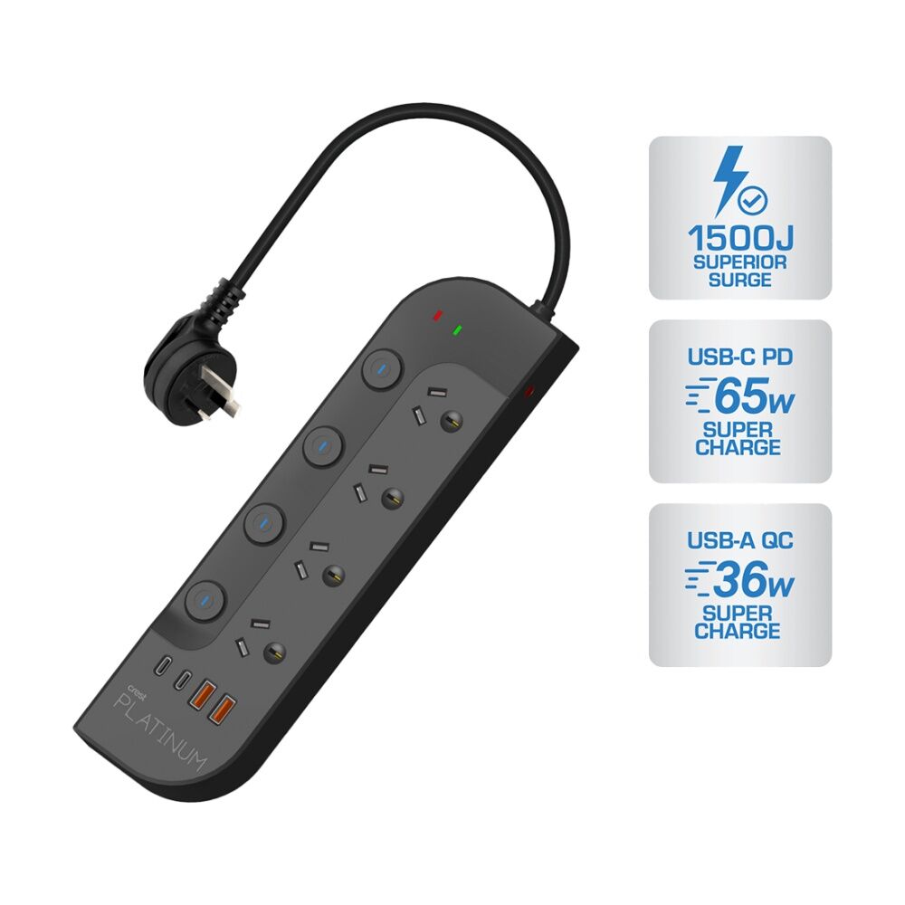 Crest Platinum 4 Socket Surge Protector AU/NZ Plug USB Power Board Blk 1.8m