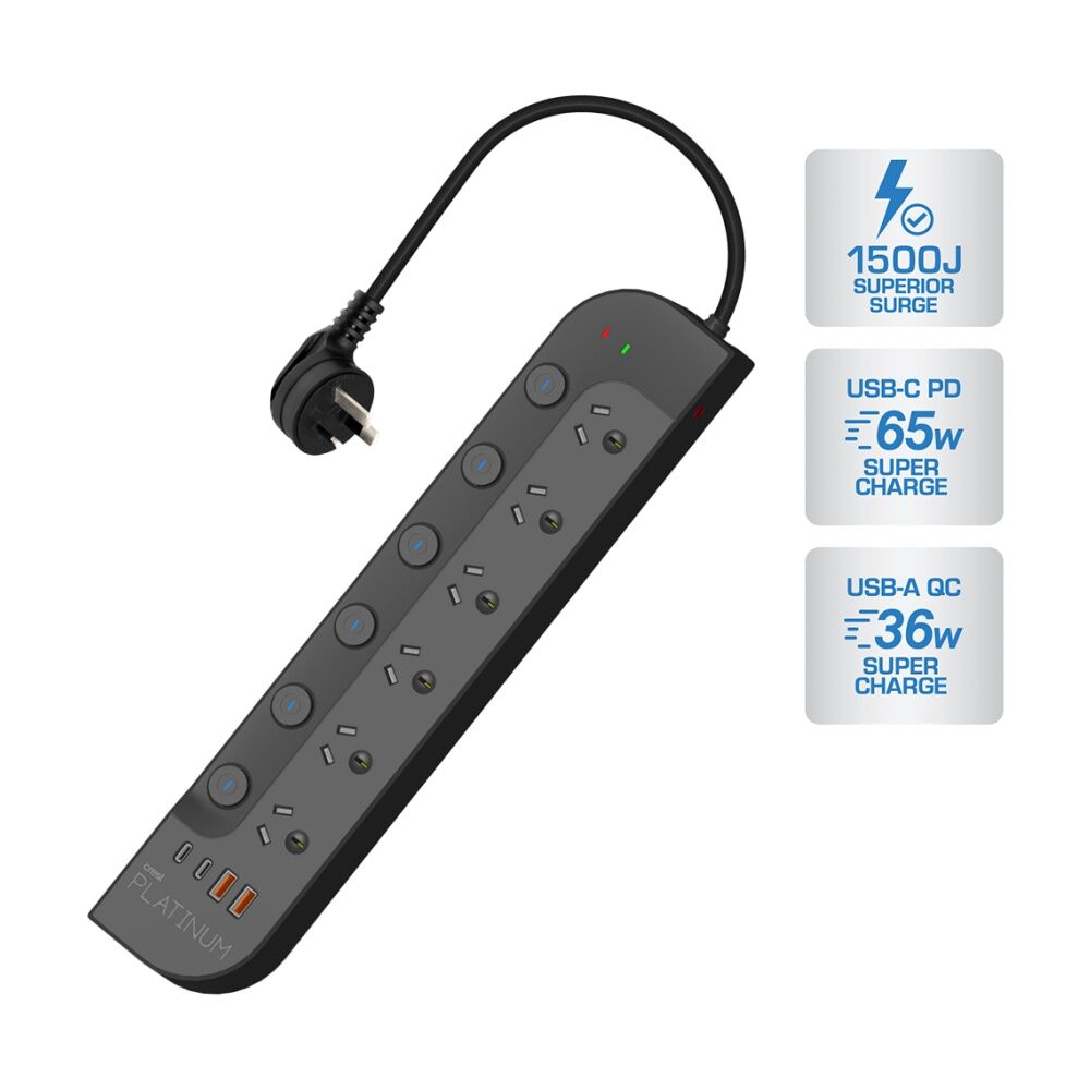 Crest Platinum 6 Socket Surge Protector AU/NZ Plug USB Power Board Blk 1.8m