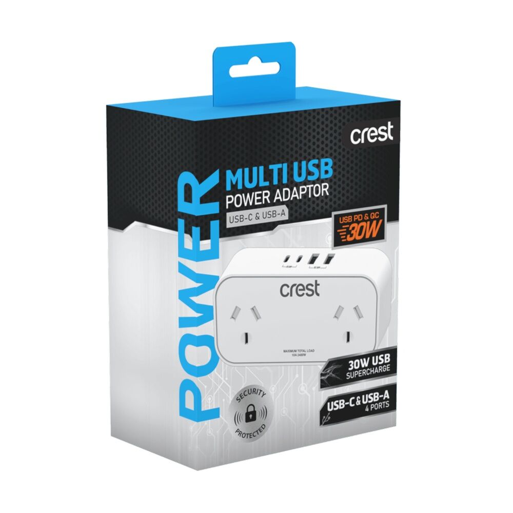 Crest Double Power Adaptor 2 Socket Surge Protector AU/NZ Plug USB-C/A Wh