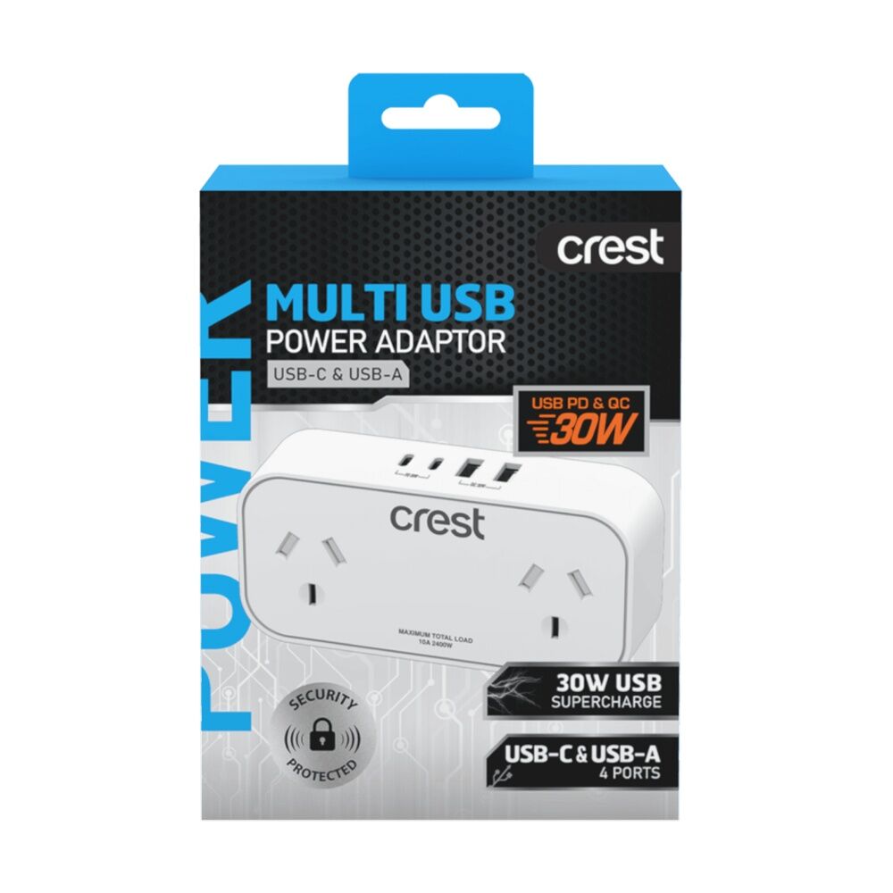2PK Crest Double Power Adaptor 2 Socket Surge Protector AU/NZ Plug USB-C/A Wh