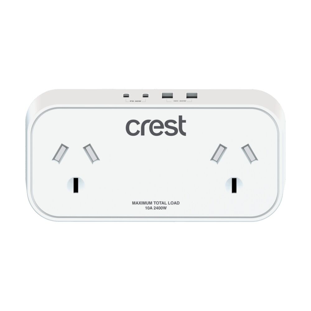2PK Crest Double Power Adaptor 2 Socket Surge Protector AU/NZ Plug USB-C/A Wh