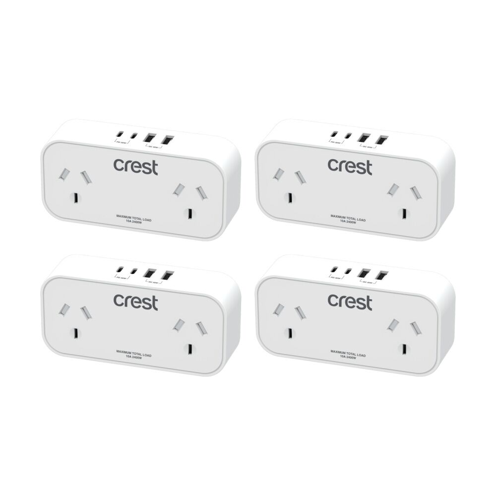4PK Crest Double Power Adaptor 2 Socket Surge Protector AU/NZ Plug USB-C/A Wh