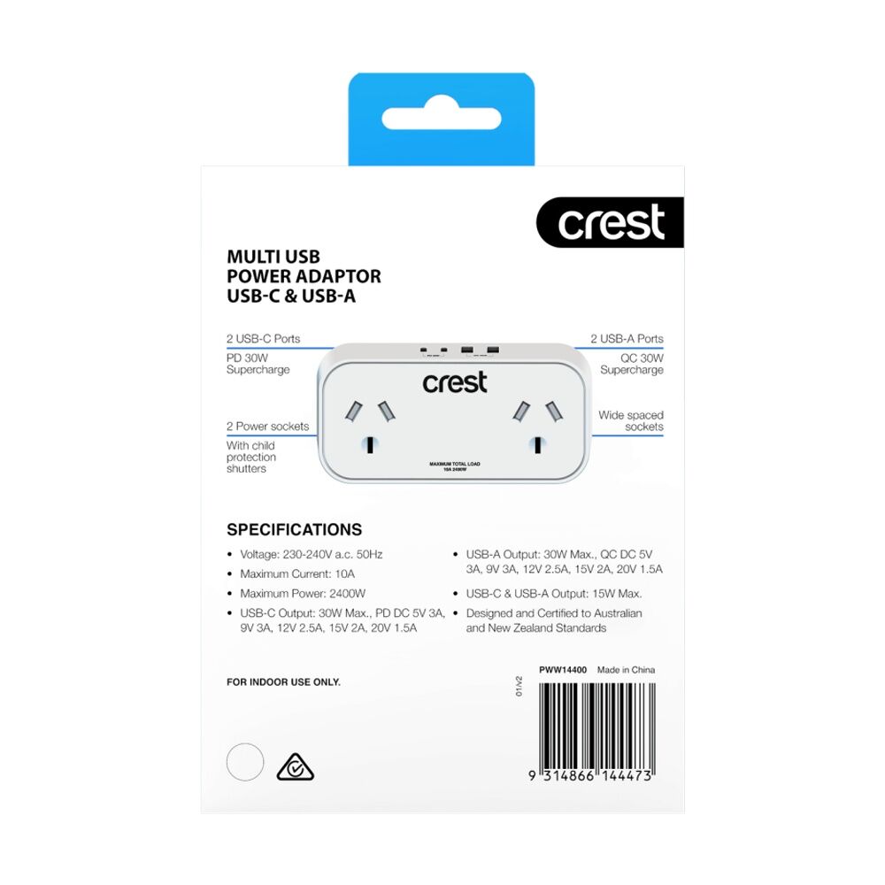 Crest Double Power Adaptor 2 Socket Surge Protector AU/NZ Plug USB-C/A Wh