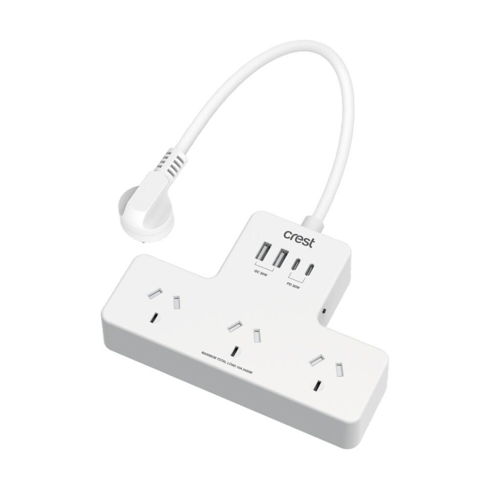 3PK Crest 3 Socket Power Hub Surge Protector AU/NZ Plug USB-C USB-A White 90cm