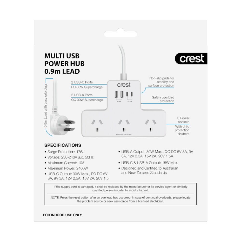 3PK Crest 3 Socket Power Hub Surge Protector AU/NZ Plug USB-C USB-A White 90cm