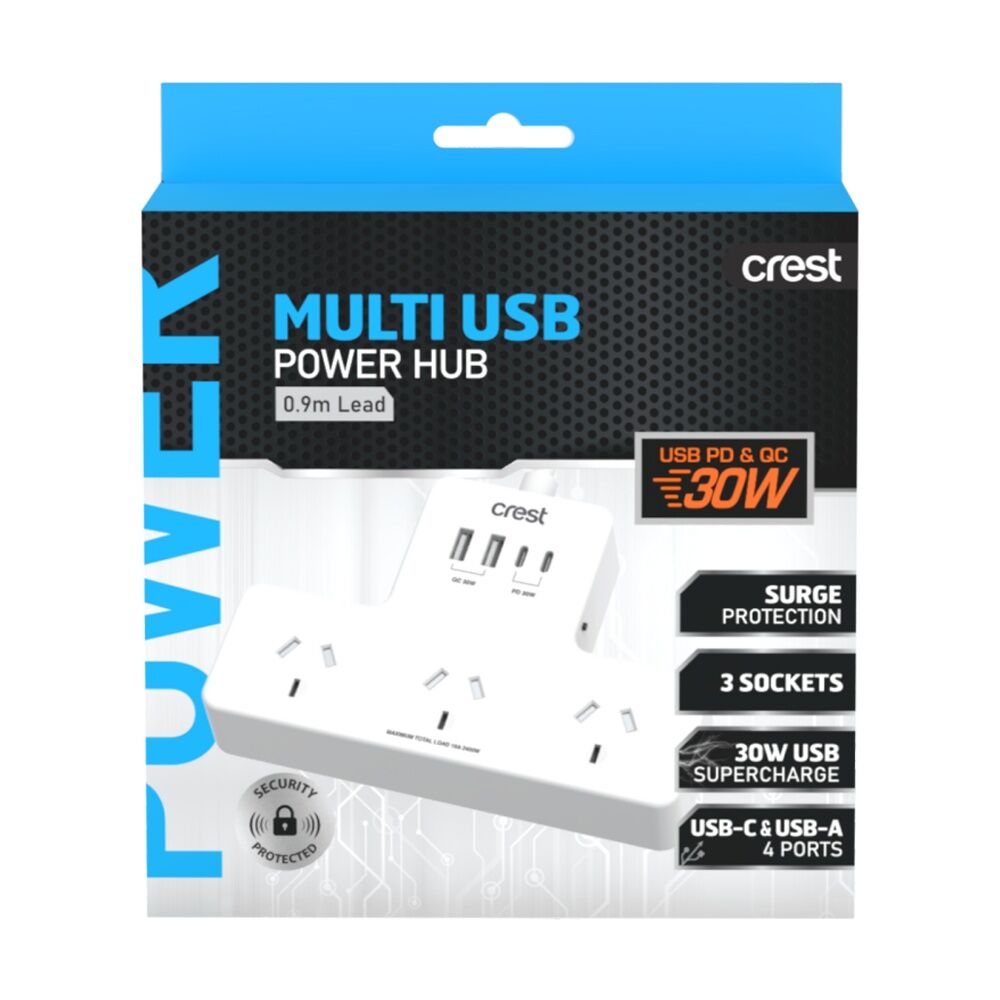 3PK Crest 3 Socket Power Hub Surge Protector AU/NZ Plug USB-C USB-A White 90cm