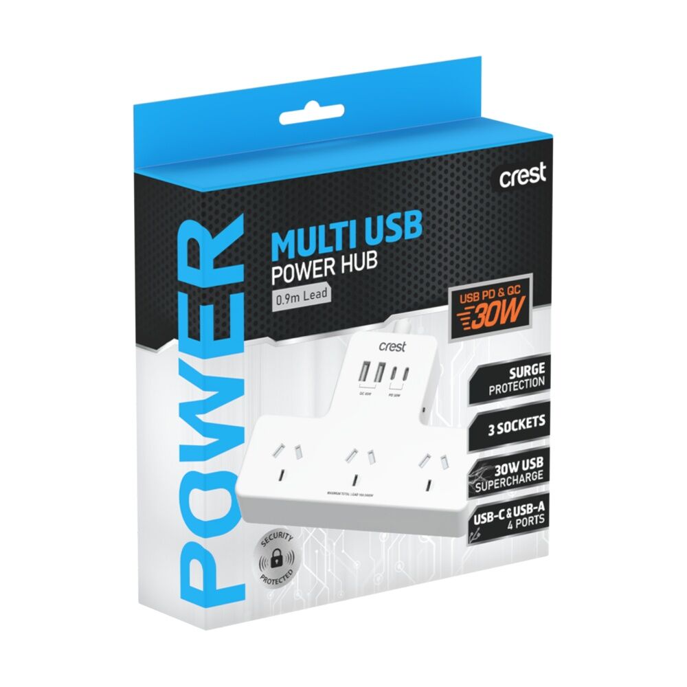 3PK Crest 3 Socket Power Hub Surge Protector AU/NZ Plug USB-C USB-A White 90cm