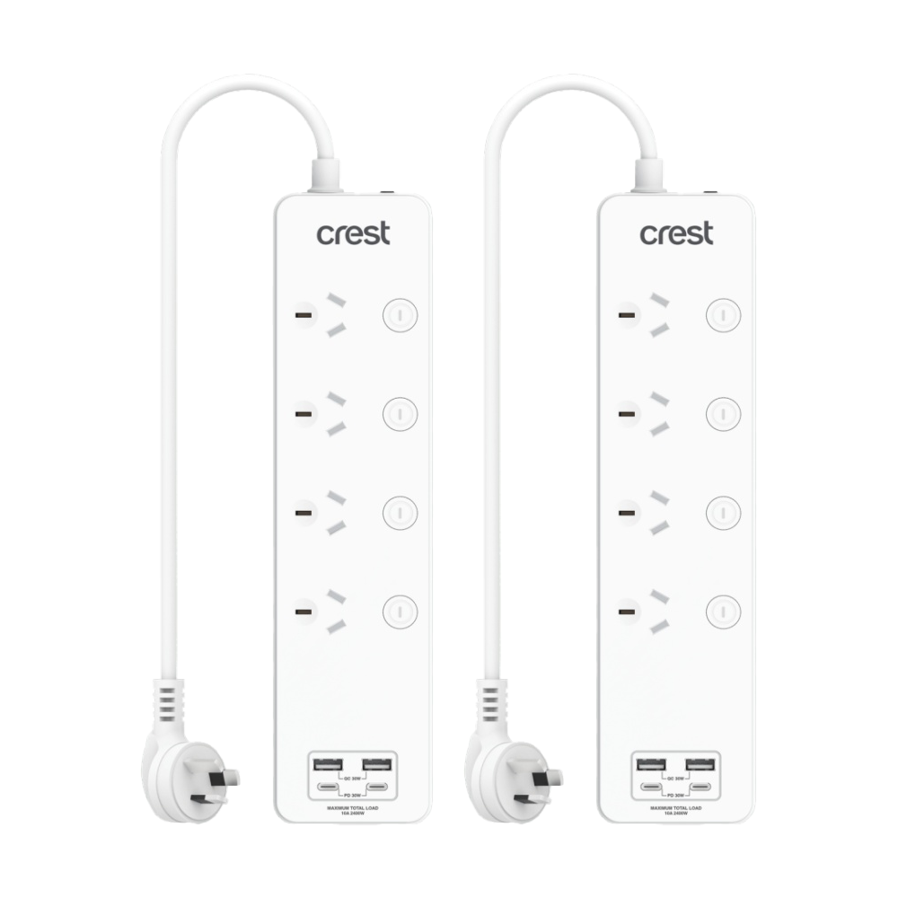 2PK Crest 4-Socket Switch Surge Protector AU/NZ Plug Power Board USB Ports Wh 1m