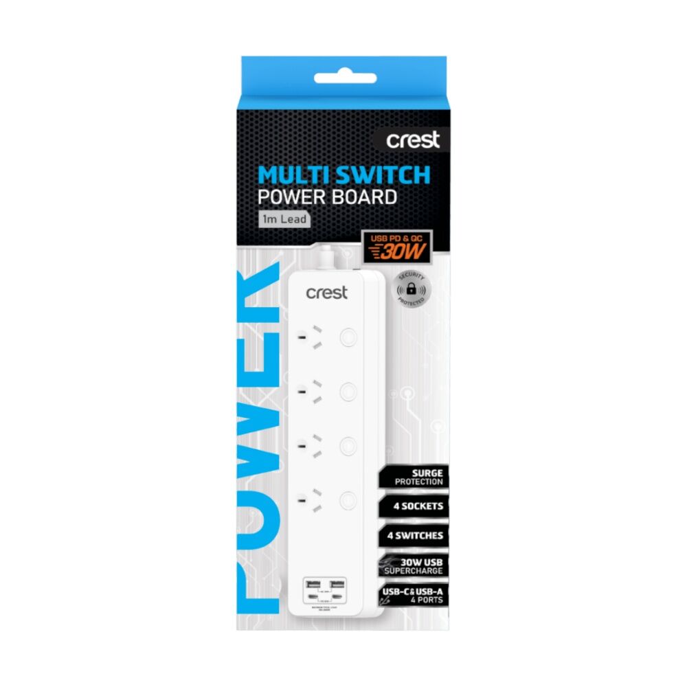 4PK Crest 4-Socket Switch Surge Protector AU/NZ Plug Power Board USB Ports Wh 1m