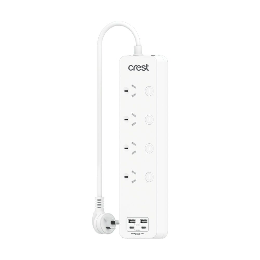 4PK Crest 4-Socket Switch Surge Protector AU/NZ Plug Power Board USB Ports Wh 1m