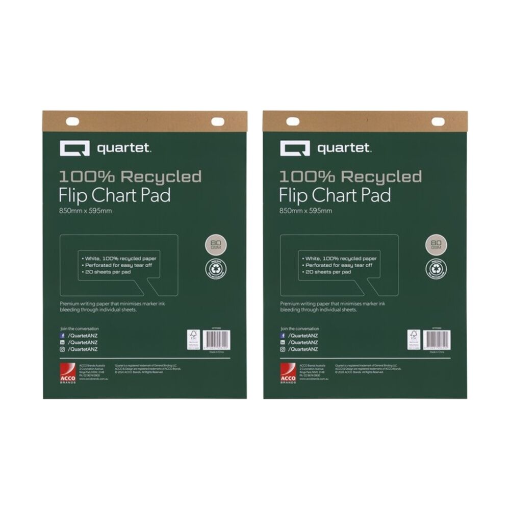 2x Quartet Flipchart Pad 20 Sheets Recycled Paper 600x850mm White