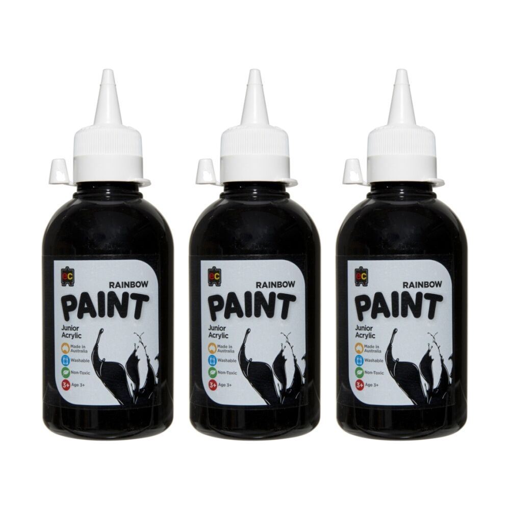 3PK Educational Colours Rainbow Junior Acrylic Paint Black 250ml 3y+