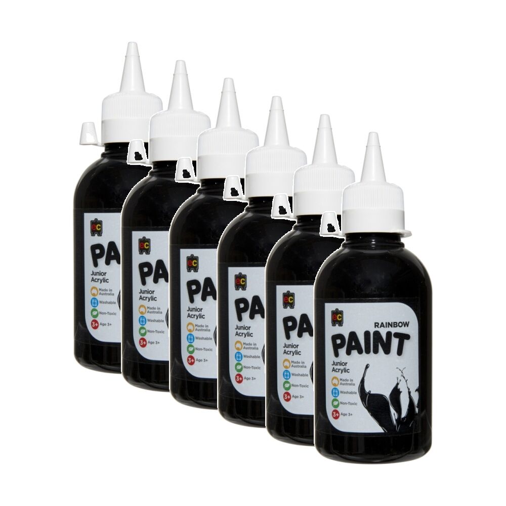 6PK Educational Colours Rainbow Junior Acrylic Paint Black 250ml 3y+