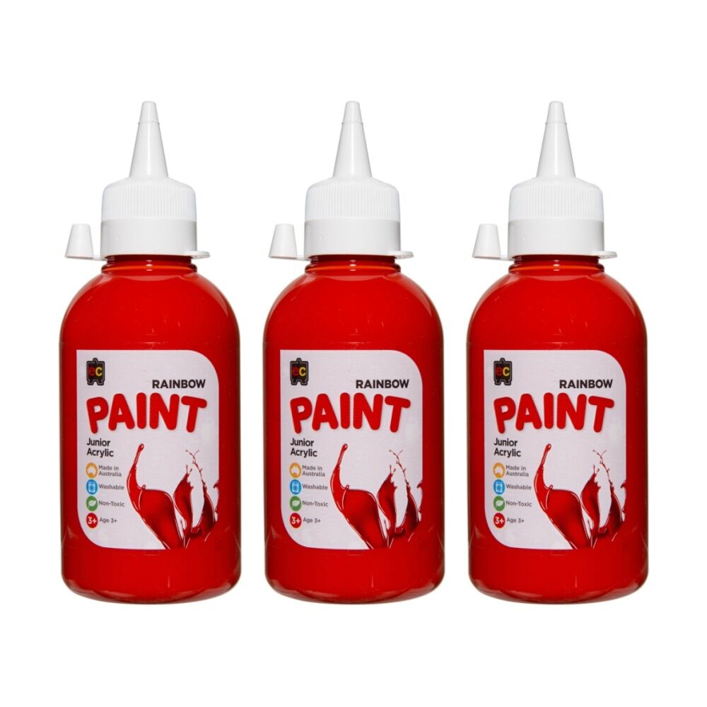 3PK Educational Colours Rainbow Junior Acrylic Paint Brilliant Red 250ml 3y+