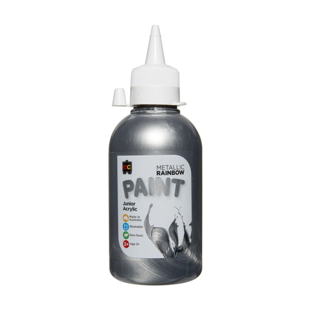 3PK Educational Colours Metallic Rainbow Junior Acrylic Paint Silver 250ml 3y+