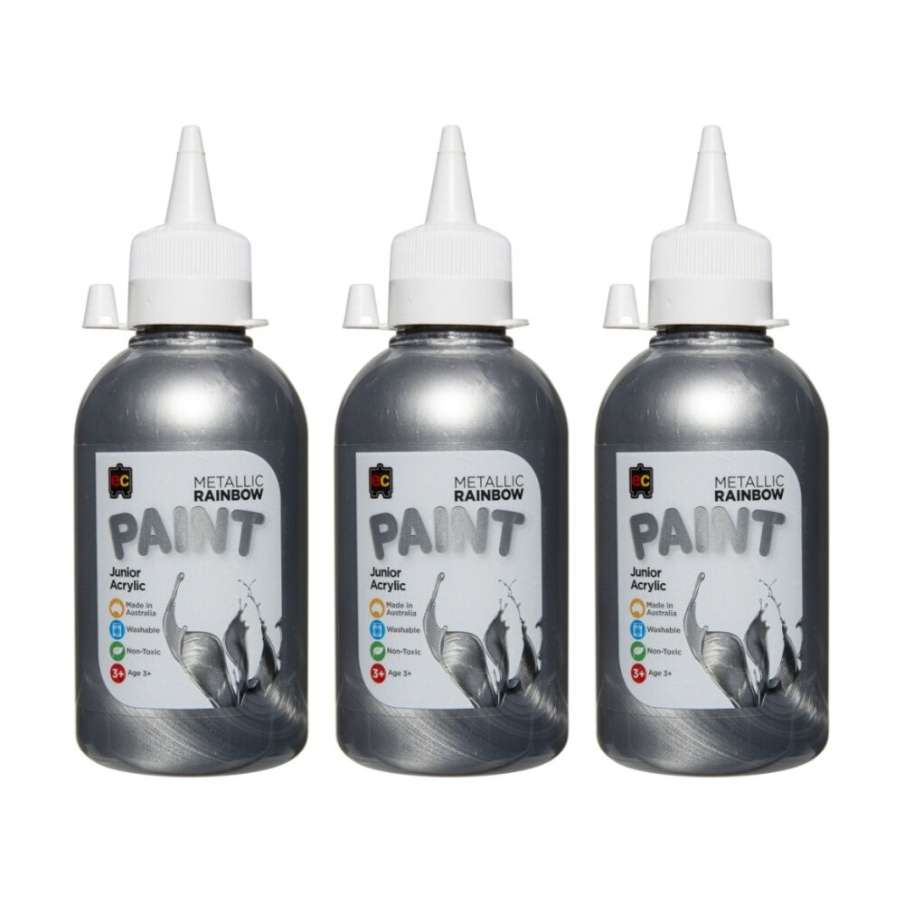 3PK Educational Colours Metallic Rainbow Junior Acrylic Paint Silver 250ml 3y+