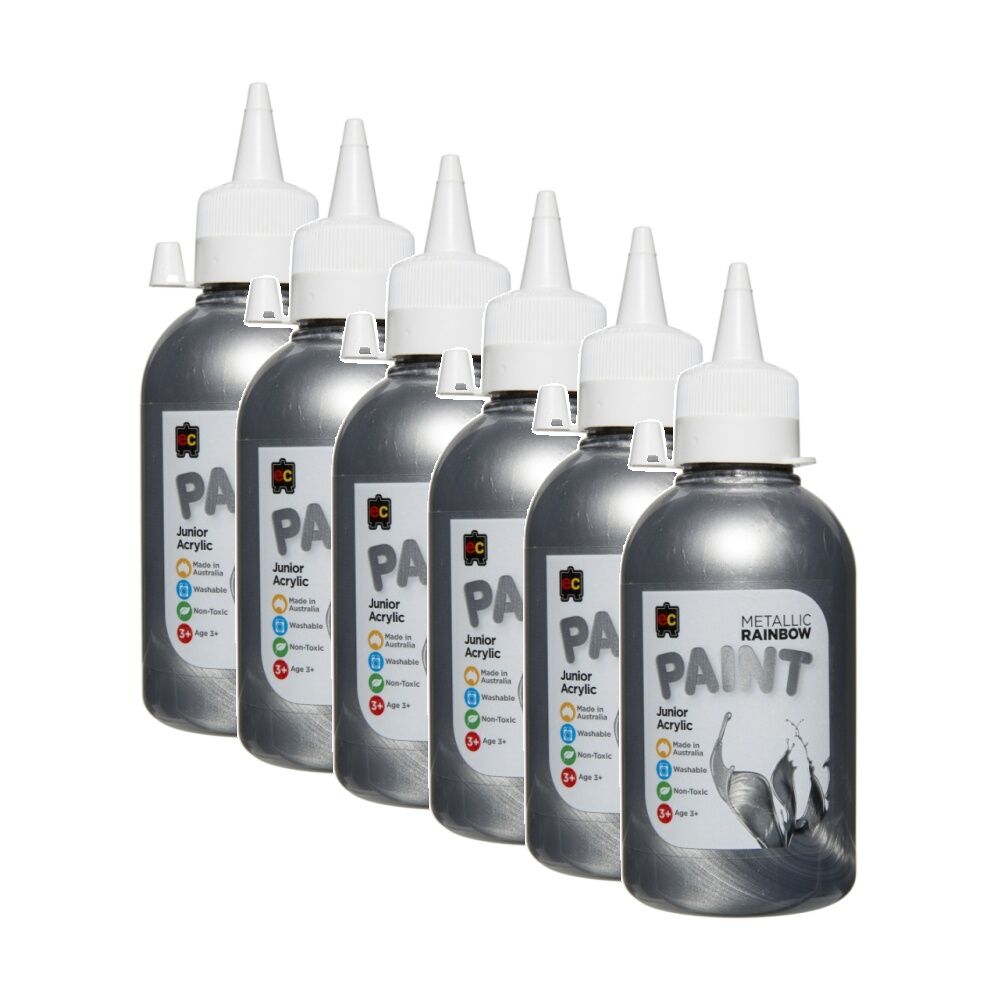 6PK Educational Colours Metallic Rainbow Junior Acrylic Paint Silver 250ml 3y+