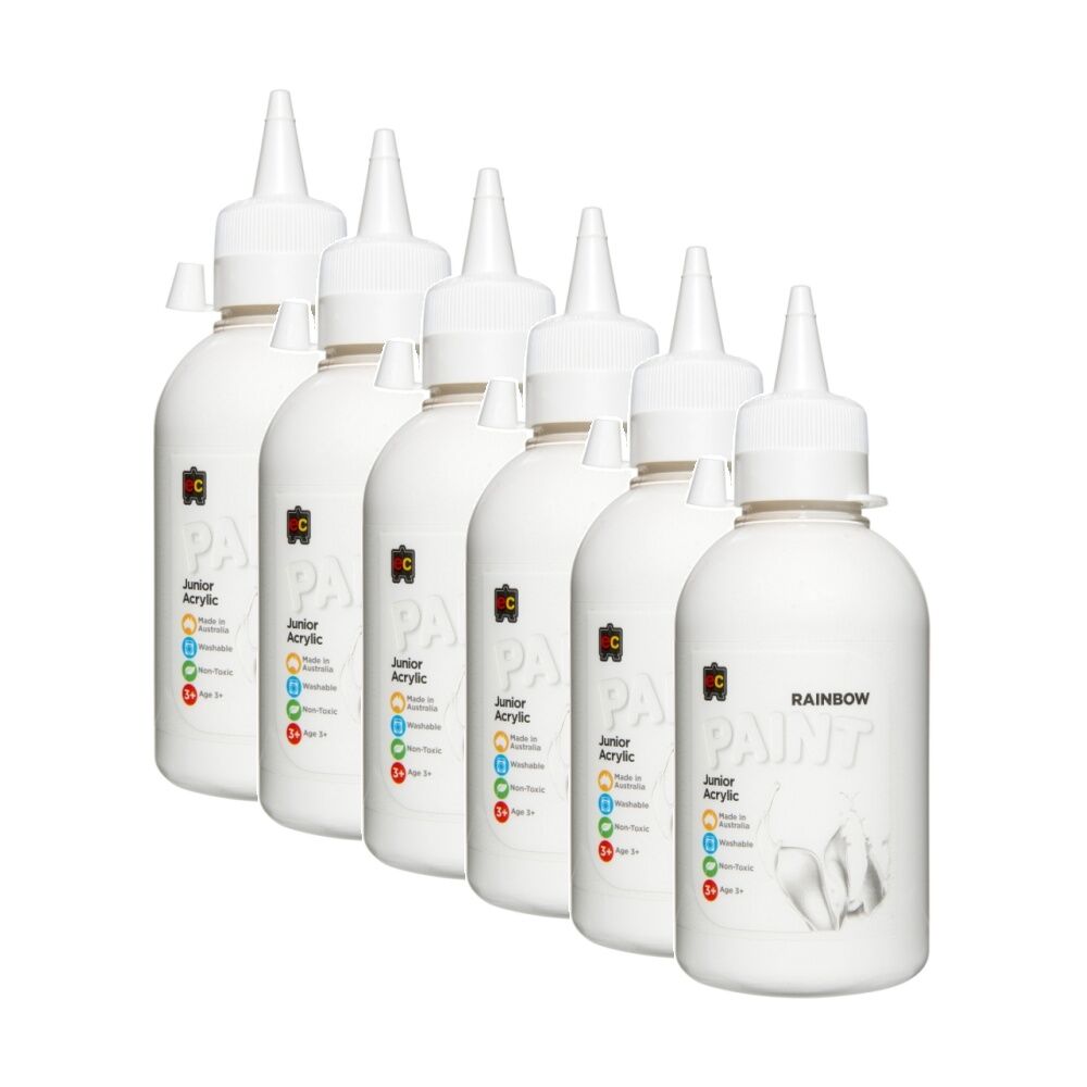 6PK Educational Colours Rainbow Junior Acrylic Paint White 250ml 3y+