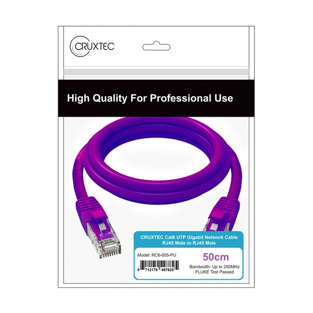 2PK Cruxtec CAT6 UTP 10GbE Ethernet Cable Purple 20m Gold-Plated RJ45