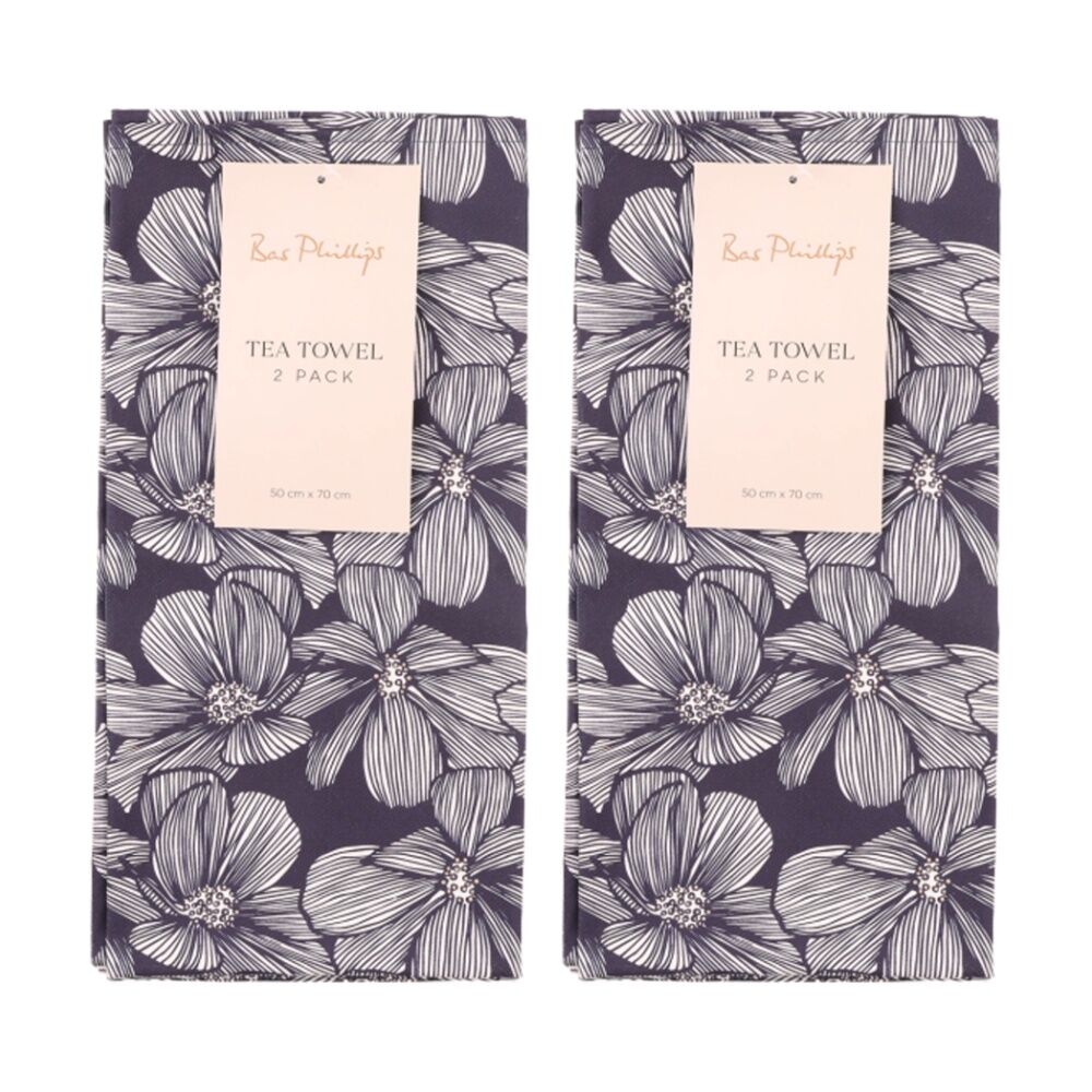 2x 2pc Bas Phillips Printed Linen Looks Tea Towel Set Cotton Blue Flowers