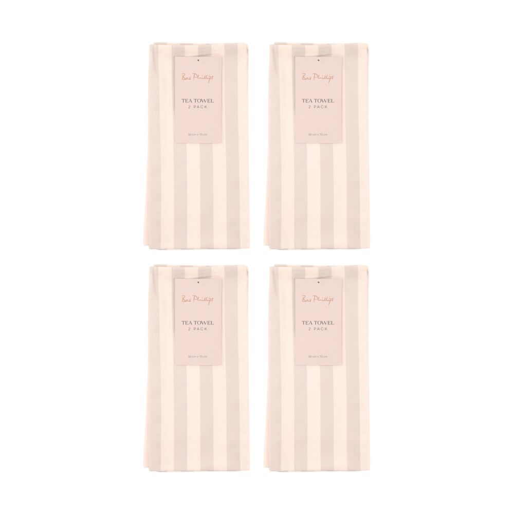 4x 2pc Bas Phillips Printed Linen Looks Tea Towel Set Cotton Natural Stripes