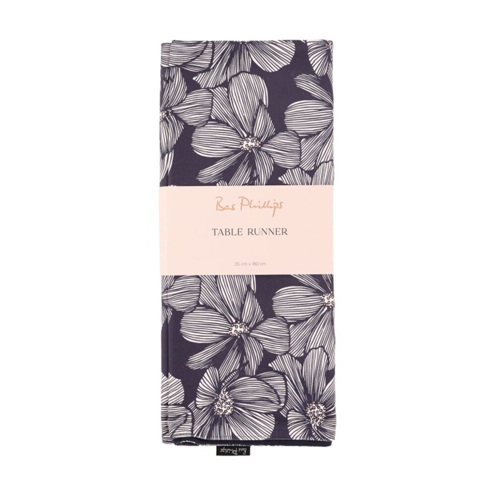 Bas Phillips Printed Linen Looks Table Runner Blue Flowers MED 35x180cm