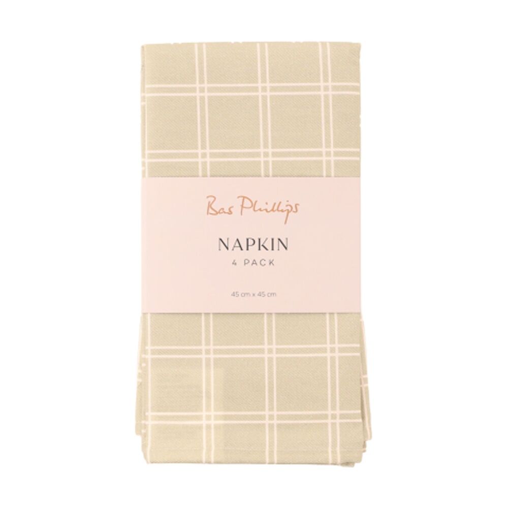 2x 4pc Bas Phillips Printed Linen Looks Napkin Set Cotton Green Check 45cm