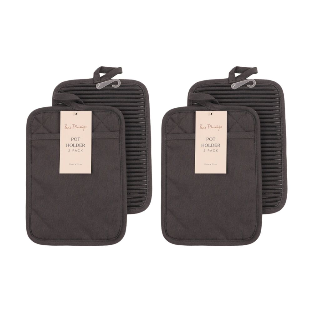 2x 2pc Bas Phillips Pot Holder Silicone Cotton Kitchen Linen Charcoal 18x24.5cm