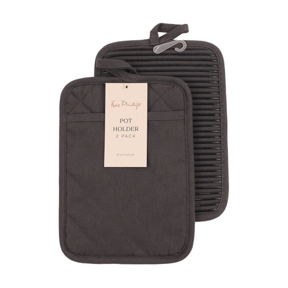 2x 2pc Bas Phillips Pot Holder Silicone Cotton Kitchen Linen Charcoal 18x24.5cm