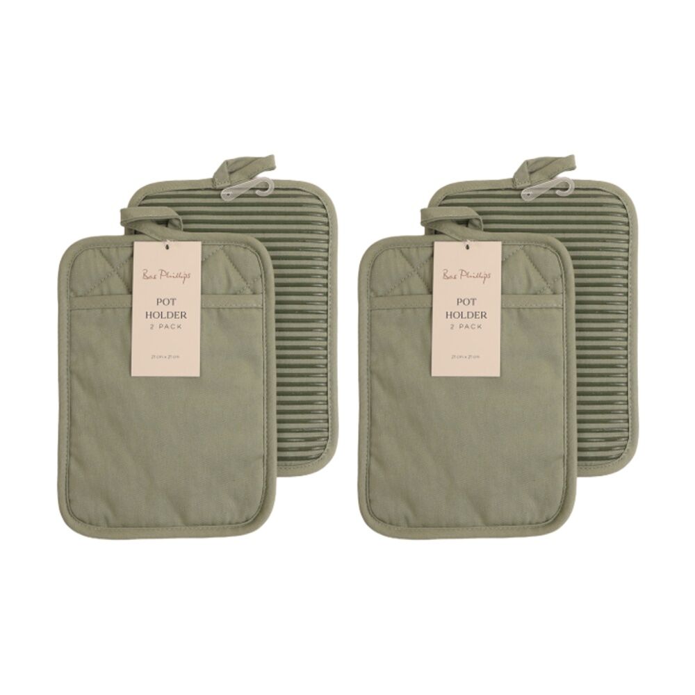 2x 2pc Bas Phillips Pot Holder Silicone Cotton Kitchen Linen Sage 18x24.5cm