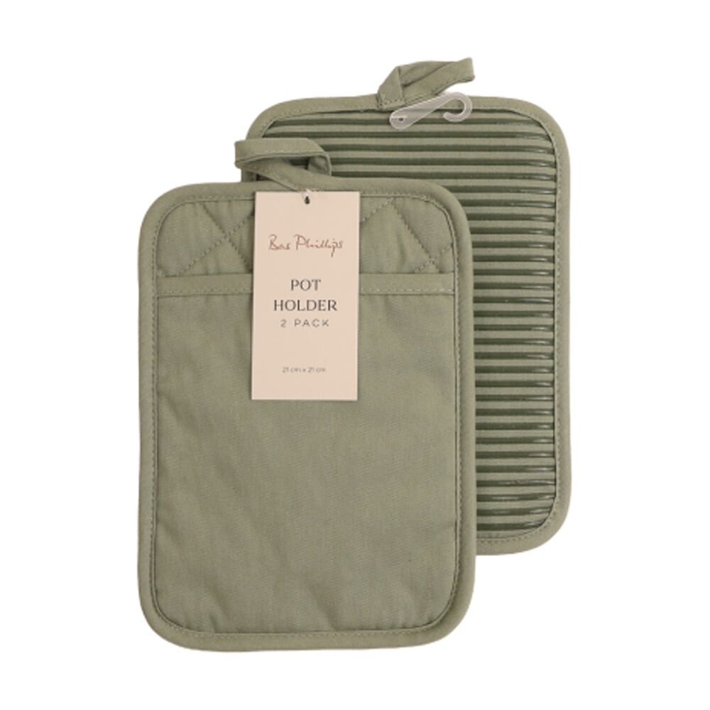 2x 2pc Bas Phillips Pot Holder Silicone Cotton Kitchen Linen Sage 18x24.5cm